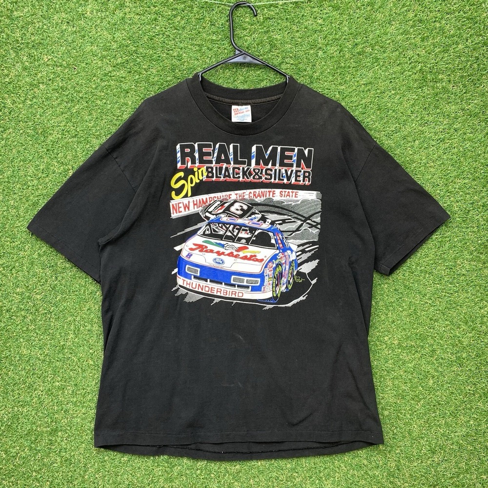 Vintage Nascar Racing Shirt Mens XL Single Stitch Real Men Spin Black and Silver